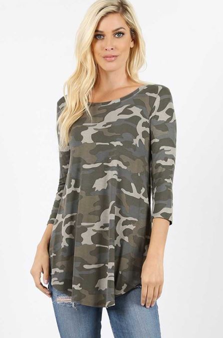 CAMO 3/4 SLEEVE ROUND NECK