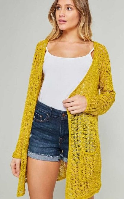 MUSTARD LIGHT KNIT CARDIGAN W/ POCKETS